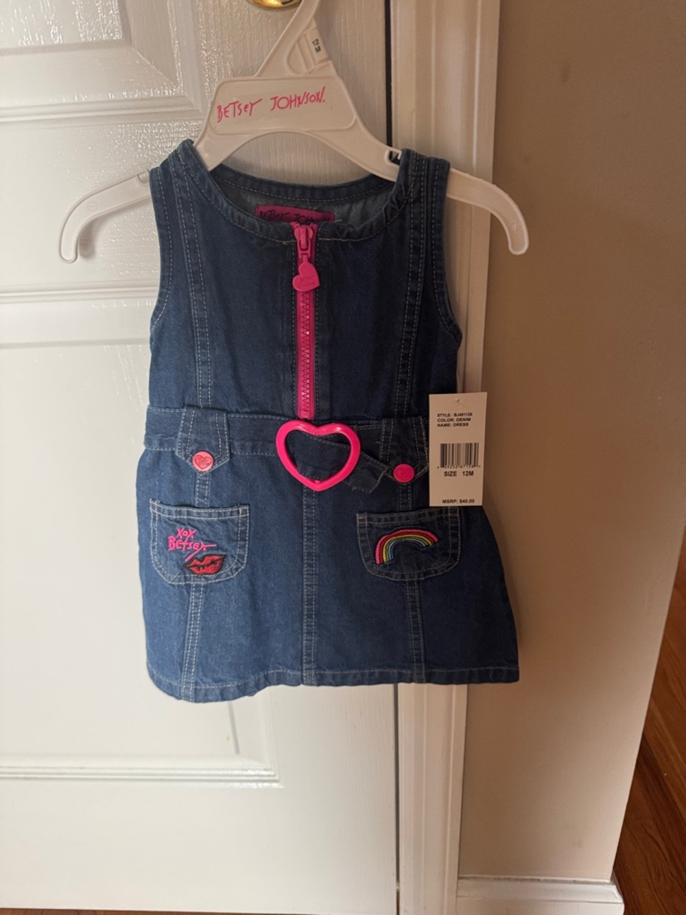 Betsey Johnson Dark Blue Denim Dress with Hot Pink Heart Belt